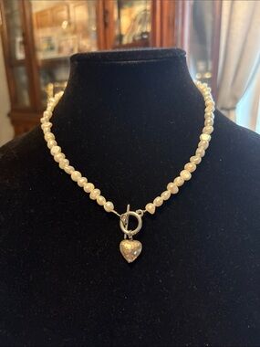 Pearl Genuine Bead Necklace with Heart Charm - Ivory Color, 18 Inches